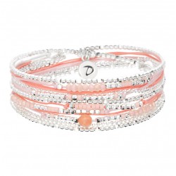 Bracelet élastiqué 3 TOURS DESIRE argent - Cordons corail rose & Perles roses - DORIANE Bijoux