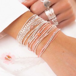 Bracelet élastiqué 3 TOURS DESIRE argent - Cordons corail rose & Perles roses TAILLE M