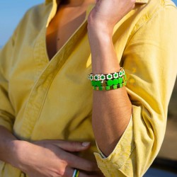Bracelet élastiqué COLORFUL - Pastilles émail doré & Vert fluo