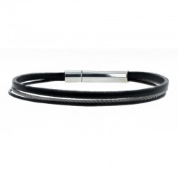 Bracelet jonc multi-rangs - Liens cuir noir & câble fins - loop and co