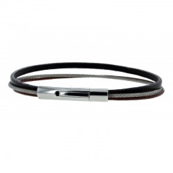 Bracelet jonc multi-rangs - Liens cuir noir marron, câble acier de Loop and Co