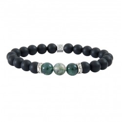 Bracelet Homme élastique argent - Agates, mousse et noir - IKOBA