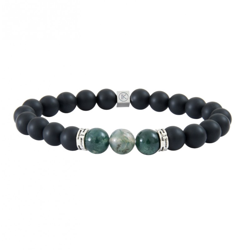 Bracelet Homme élastique argent - Agates, mousse et noir - IKOBA Bracelet Homme élastique argent - Agates, mousse et noir - IKOBA