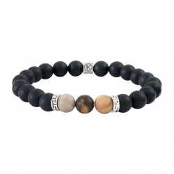 Bracelet Homme élastique argent - Agates noires, bois fossilisé  - IKOBA