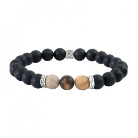 Bracelet Homme élastique argent - Agates noires, bois fossilisé  - IKOBA