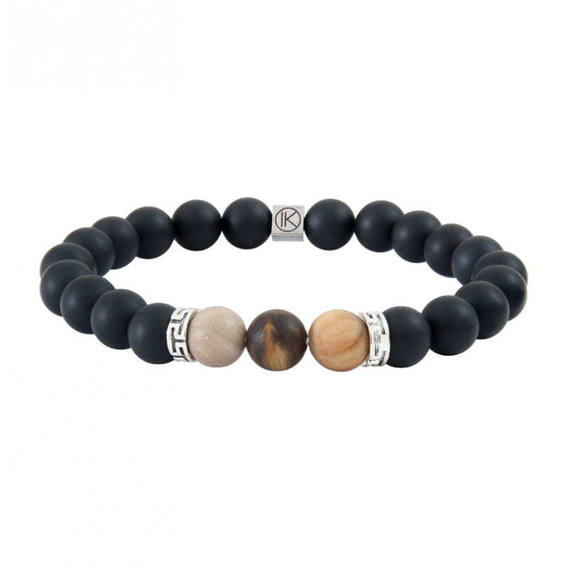 Bracelet Homme élastique argent - Agates noires, bois fossilisé - IKOBA Bracelet Homme élastique argent - Agates noires, bois fossilisé - IKOBA