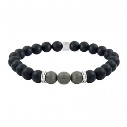 Bracelet Homme élastique argent - Agates noires, pyrites grises dépolies - IKOBA