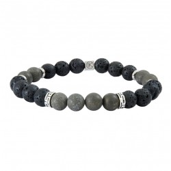 Bracelet Homme élastique argent - Perles de Lave noires, pyrites grises - IKOBA