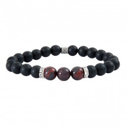 Bracelet Homme élastique argent - Agates noires & Jaspes rouge IKOBA