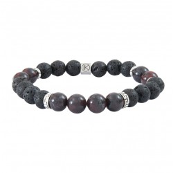 Bracelet Homme élastique argent - Pierres de Lave noires, jaspes rouges - IKOBA