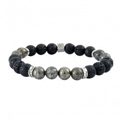 Bracelet Homme élastique argent - Perles de Lave noires, pyrites grises - IKOBA
