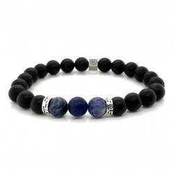 Bracelet Homme élastique argent - Agates noires, sodalites bleues - IKOBA