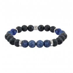 Bracelet Homme élastique argent - Perles de Lave noires, sodalites bleues - IKOBA