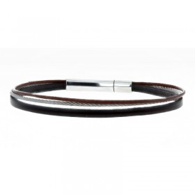 Bracelet jonc multi-rangs - Liens cuir marron & câble fin LOOP AND CO