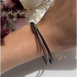 Bracelet jonc multi-rangs - Liens cuir marron & câble fin TAILLE L