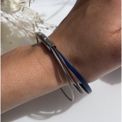 Bracelet jonc multi-rangs - Liens cuir marron bleu & câble fin TAILLE M