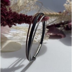 Bracelet jonc multi-rangs - Liens cuir marron bleu & câble fins LOOP AND CO
