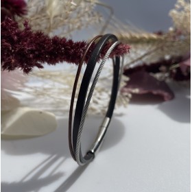 Bracelet jonc multi-rangs - Liens cuir marron bleu & câble fins LOOP AND CO