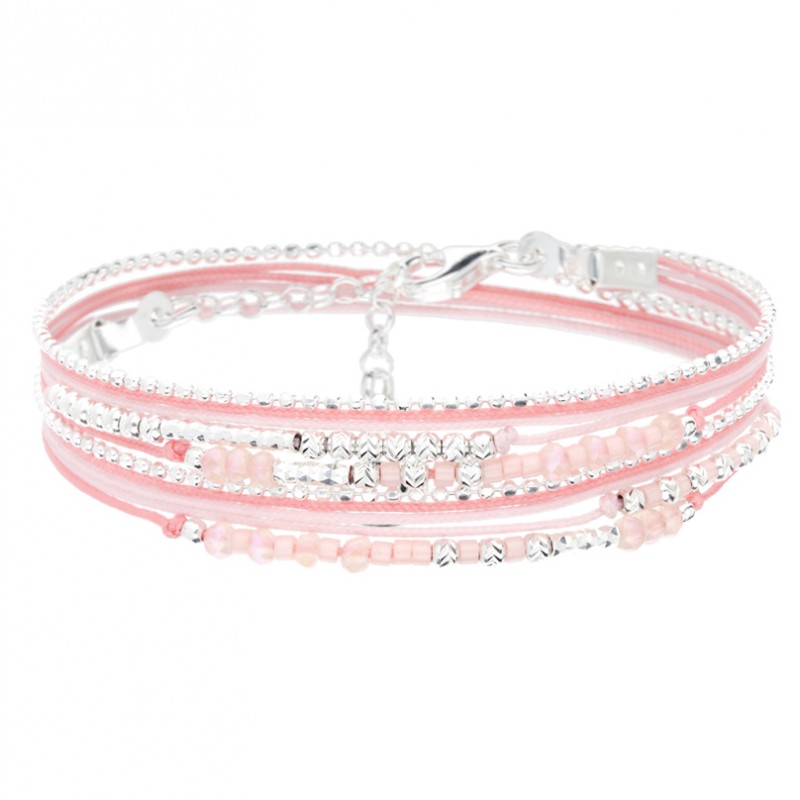 Bracelet multitours FORMOSA argent - Cordons, perles de verre & Miyuki rose - DORIANE Bijoux