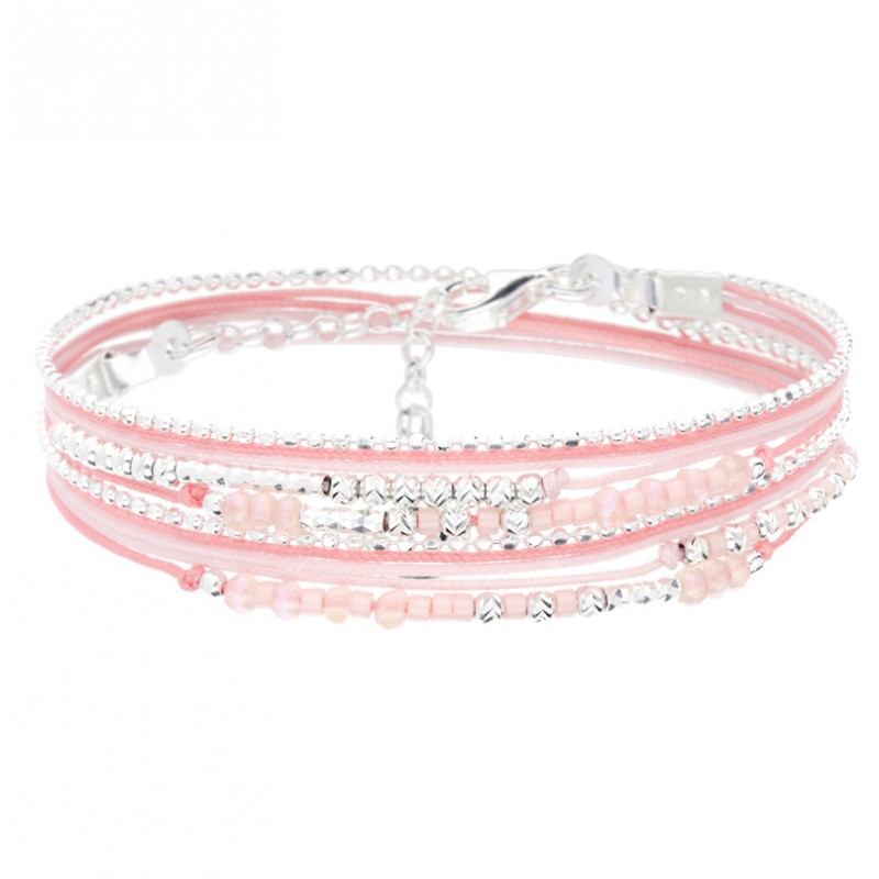 Bracelet multitours FORMOSA argent - Cordons, perles de verre & Miyuki rose - DORIANE Bijoux Bracelet multitours FORMOSA argent - Cordons, perles de verre & Miyuki rose - DORIANE Bijoux