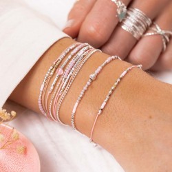 Bracelet multitours élastique CALVI Argent- Chaîne & Perles beige léopard TAILLE S