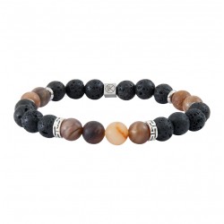 Bracelet Homme élastique argent - Perles Bois fossilisé & Pierres de lave IKOBA