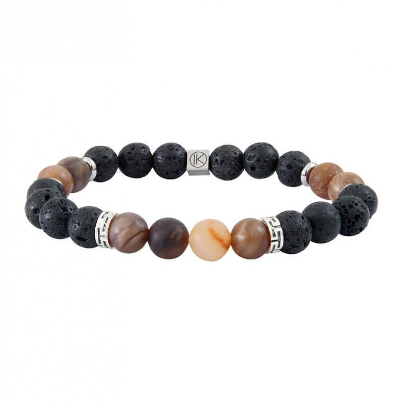 Bracelet Homme élastique argent - Perles Bois fossilisé & Pierres de lave IKOBA Bracelet Homme élastique argent - Perles Bois fossilisé & Pierres de lave IKOBA