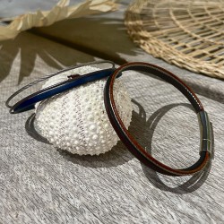 Bracelet jonc multi-rangs - Liens cuir marron bleu & câble fin TAILLE M