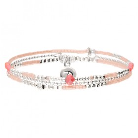 Bracelet élastiqué multitours SPRING argent - Chaîne & Perles corail rose signé DORIANE Bijoux