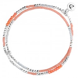 Bracelet élastiqué multi-tours LITTLE SPRING Argent - Perles corail signé DORIANE Bijoux