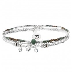 Bracelet multitours élastique KALLITHEA Argent- Chaîne & Perles vert léopard signé DORIANE Bijoux