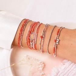 Bracelet élastiqué multitours SPRING argent - Chaîne & Perles corail rose TAILLE M