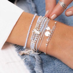 Bracelet élastiqué Argent ALONE & Perles de verre bleu saphir TAILLE M