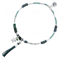 Bracelet élastiqué LOOK argent - Perles Hématites vertes, étoile & pompon signé DORIANE Bijoux