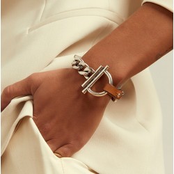 Bracelet Argent & Cuir camel - Mailles gourmette & Manille CXC - Collection Camélia