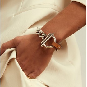 Bracelet Argent & Cuir camel - Mailles gourmette & Manille CXC - Collection Camélia