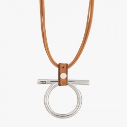 Collier sautoir Métal - Liens de cuir camel & Pendentif Mors design - CXC