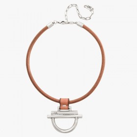 Collier ras de cou Métal - Câble cuir camel & Pendentif anneau étrier design - CXC
