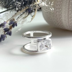 Bague Large en Argent - Anneaux fins rehaussé d'un grand Zircon TAILLE 52