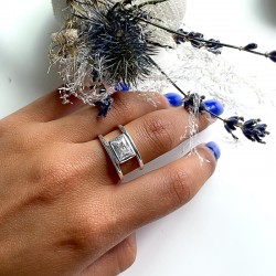 Bague Large en Argent - Anneaux fins rehaussé d'un grand Zircon TAILLE 52