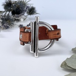 Bracelet Manchette Métal & cuir - Ceinture camel & Anneau design