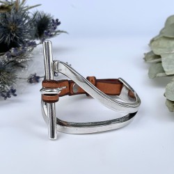 Bracelet Jonc Métal & Cuir camel - Grande boucle & Barrette design
