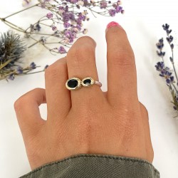 Bague fine argent doré ELIOTE - Double Onyx noires ovales TAILLE 58