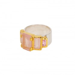 Bague large ART DECO doré - Anneau métal & Baguettes quartz rose - Une à Une