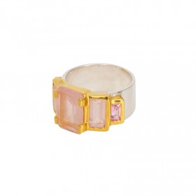 Bague large ART DECO doré - Anneau métal & Baguettes quartz rose - Une à Une
