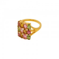 Bague fine BOLIVIA doré - Anneau fin & Pavage multi tourmaline - Une à Une