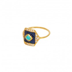 Bague fine GATSBY doré - Pavage émail bleu foncé turquoise & Zircons UNE A UNE