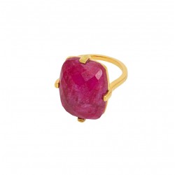 Bague RECTANGLE doré - Anneau fin & Corindon Rubis rouge UNE A UNE