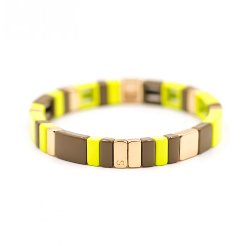 Bracelet élastiqué HUBBA dorée, Email jaune pepsi & kaki clair - Simone à Bordeaux Bracelet élastiqué HUBBA dorée, Email jaune pepsi & kaki clair - Simone à Bordeaux