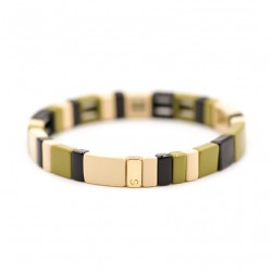 Bracelet élastiqué HUBBA dorée, Email kaki noir & beige - Simone à Bordeaux